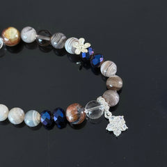 Handcrafted Bracelet featuring Colorful Agate and Clear Crystal — A Handmade Healing Gemstone Bracelet with a Flower Charm