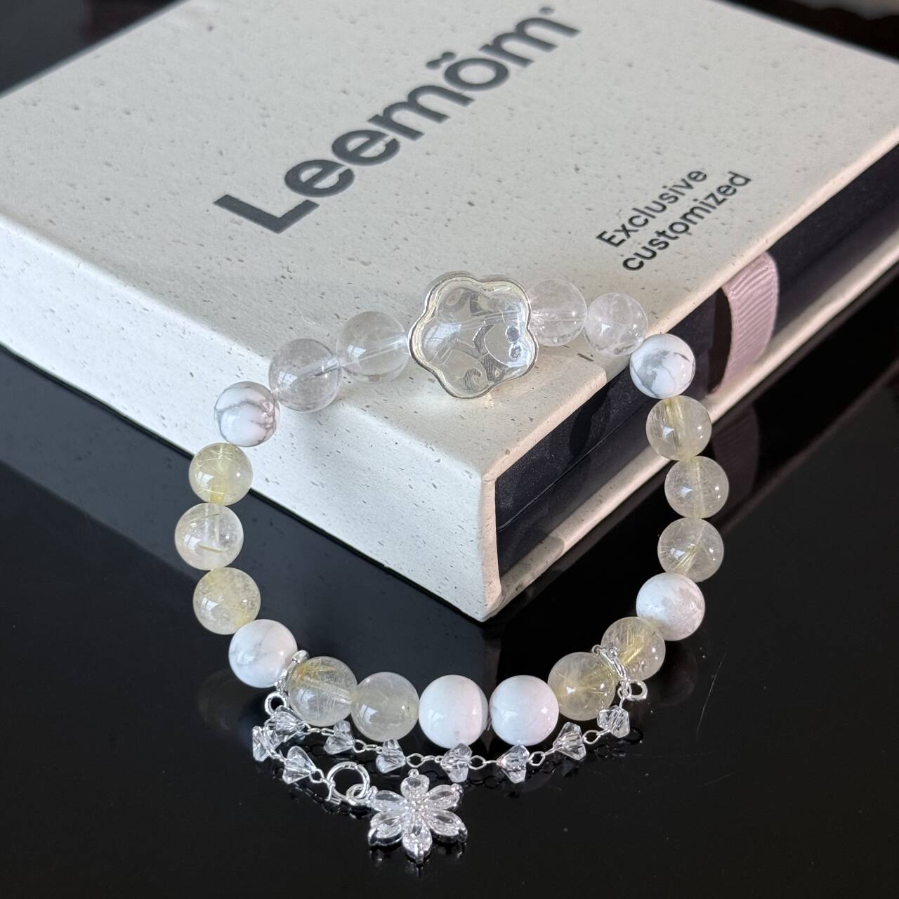 Handcrafted Natural White Crystal & Rutilated Quartz Beaded Bracelet — Adorned with White Turquoise and Crystal Flower Charms — Healing Energy Jewelry
