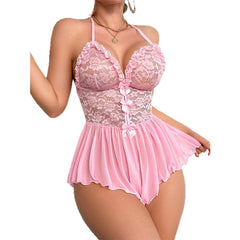 Pink Lace Stitching Bow Halter Lace Jumpsuit