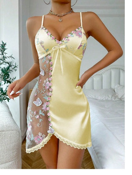 Embroidered Petals See-Through Nightdress Set