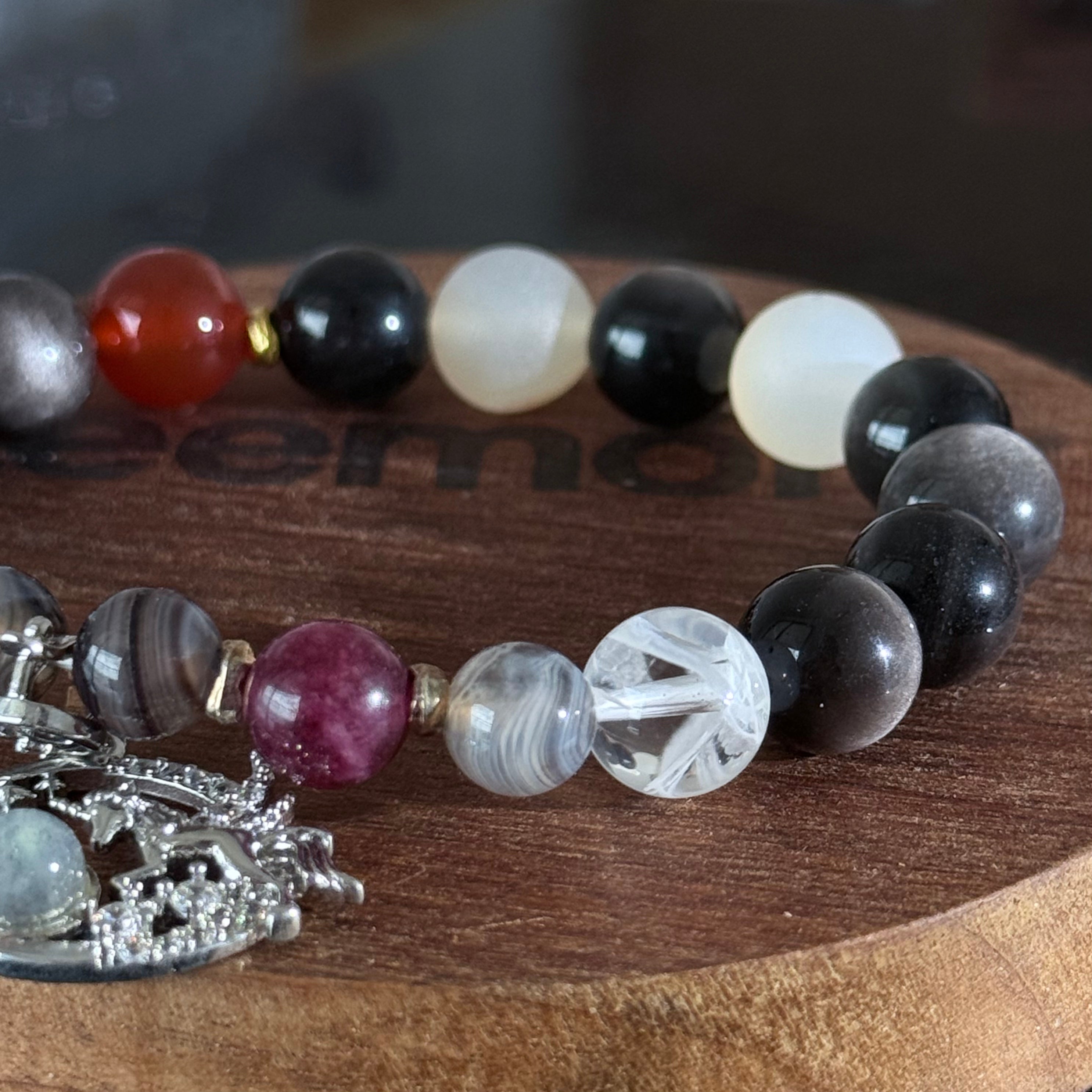 Crescent Moon Unicorn Pendant Bracelet | Multi-Gemstone Natural Obsidian Crystal Bead Bracelet