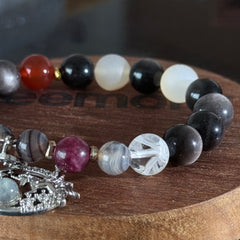 Crescent Moon Unicorn Pendant Bracelet | Multi-Gemstone Natural Obsidian Crystal Bead Bracelet