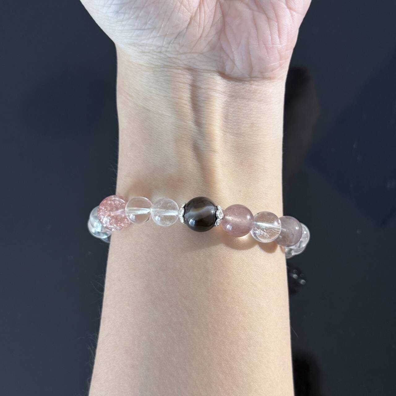 Handcrafted White Crystal & Pink Cracked Crystal Bracelet — A Healing Beaded Bracelet Promoting Love Clarity and Balance