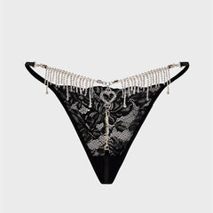 Tantalizing Lace G String Thongs with Metal Rhinestones Fringe Heart Design