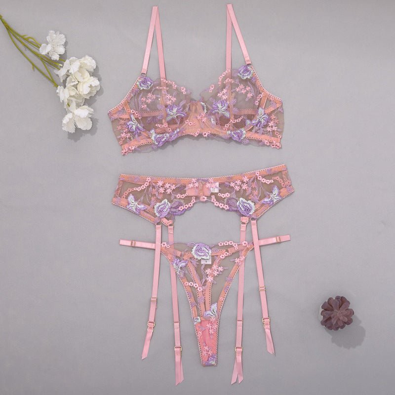 Lingerie Split Set Floral Embroidered Mesh Sculpting Underwire Bra Alluring Garter Belt