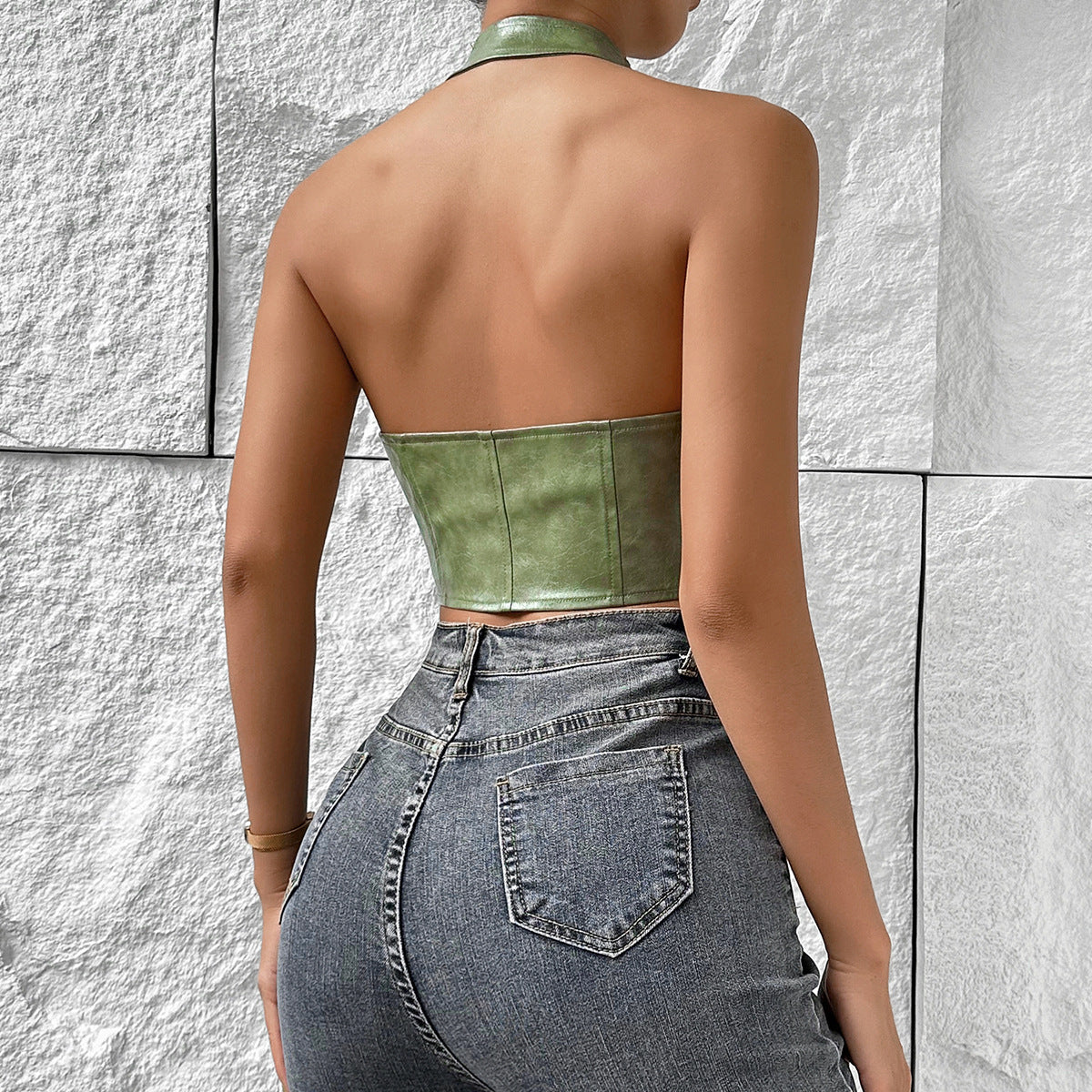 Hot Girl Low-Cut Pure Color Halter Lace-up PU Leather Vest