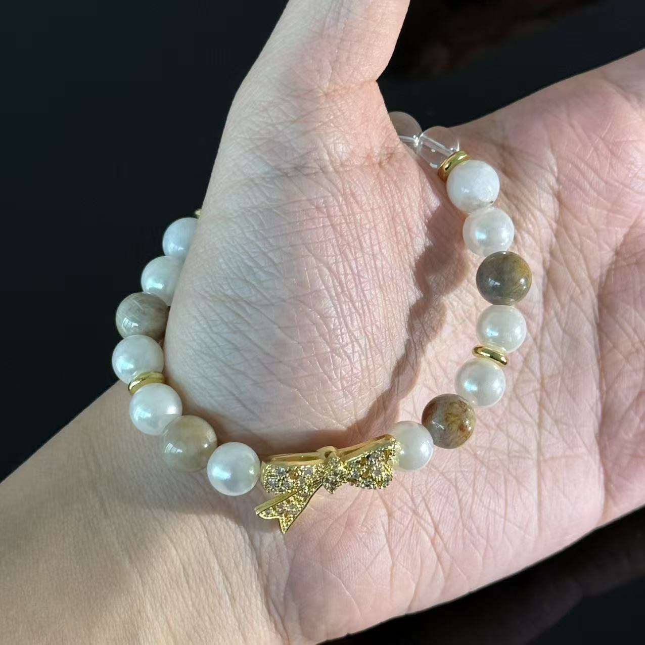 Moonstone & Clear Quartz Crystal Bracelet – Handmade White Gemstone Bracelet With Gold Bow Charm