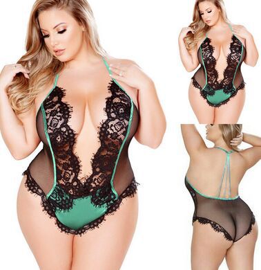 Plus-Size Lace Mesh See-Through Halter Jumpsuit Lingerie