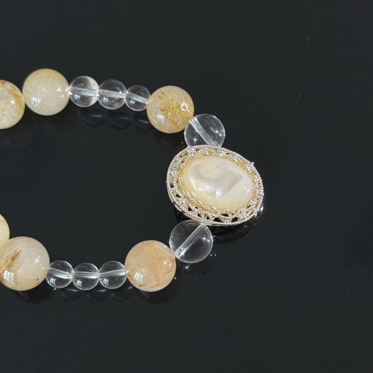 Handcrafted Titanium Quartz & Opal Crystal Bracelet — A White Crystal Healing Bracelet Featuring Gold-Rutile Titanium Quartz and an Oval Opal Pendant