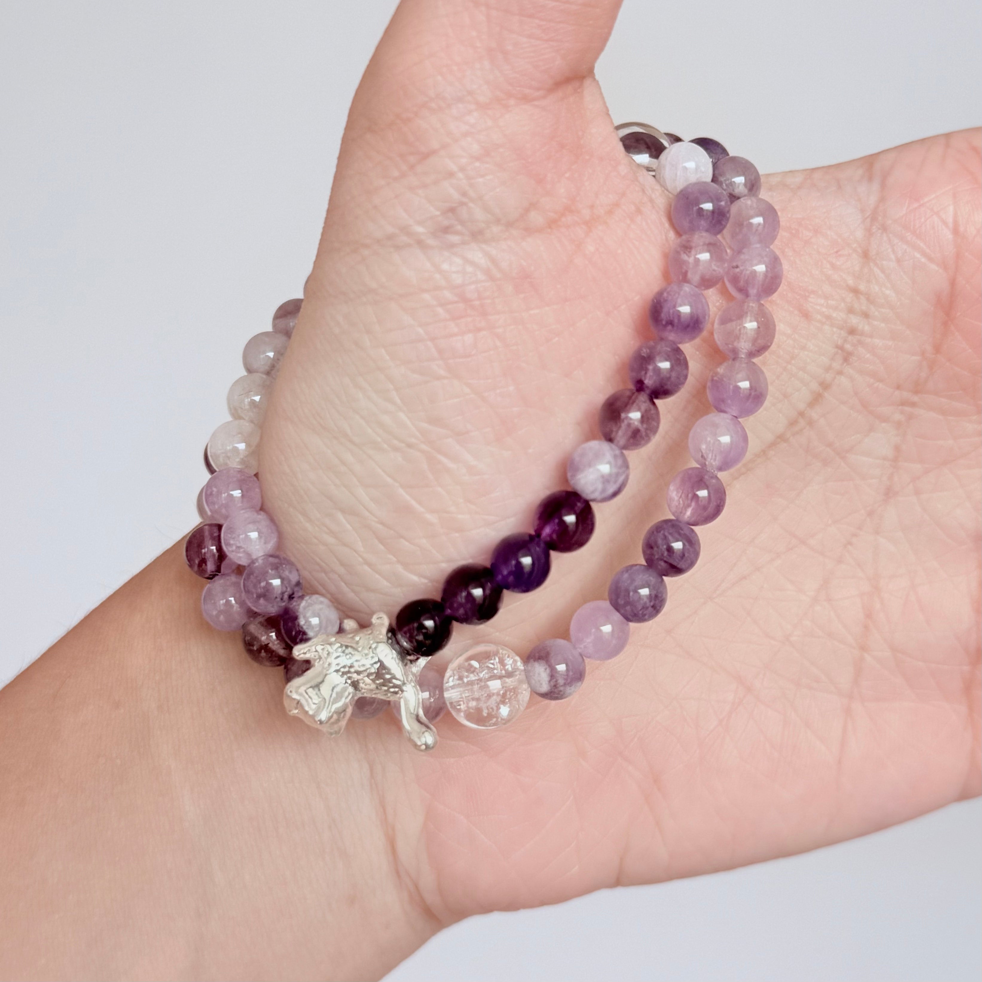 Amethyst & Clear Quartz Bracelet with Silver Cat Charm