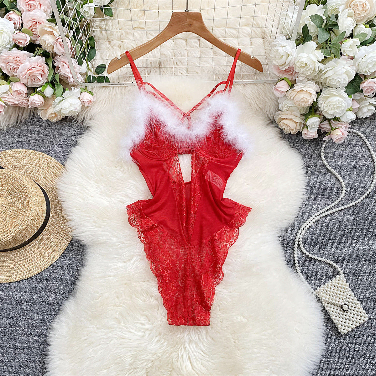 Lingerie Plush Jumpsuit Temptation Suit Lace Mesh with Steel Ring