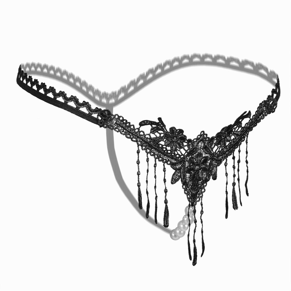 Embroidered Tassel Pearl Open Crotch Thong