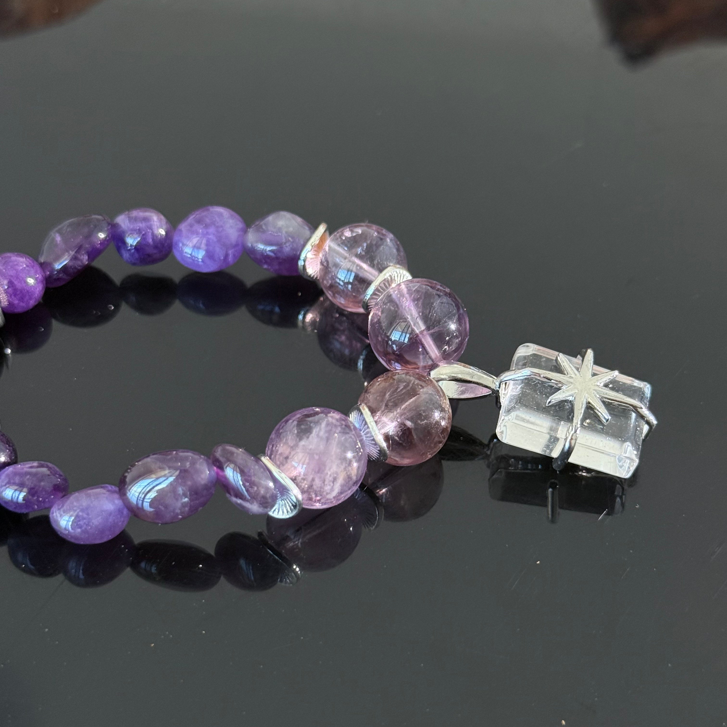 Amethyst Crystal Bracelet with Gift Box Charm – Handmade Purple Healing Energy Beaded Bracelet