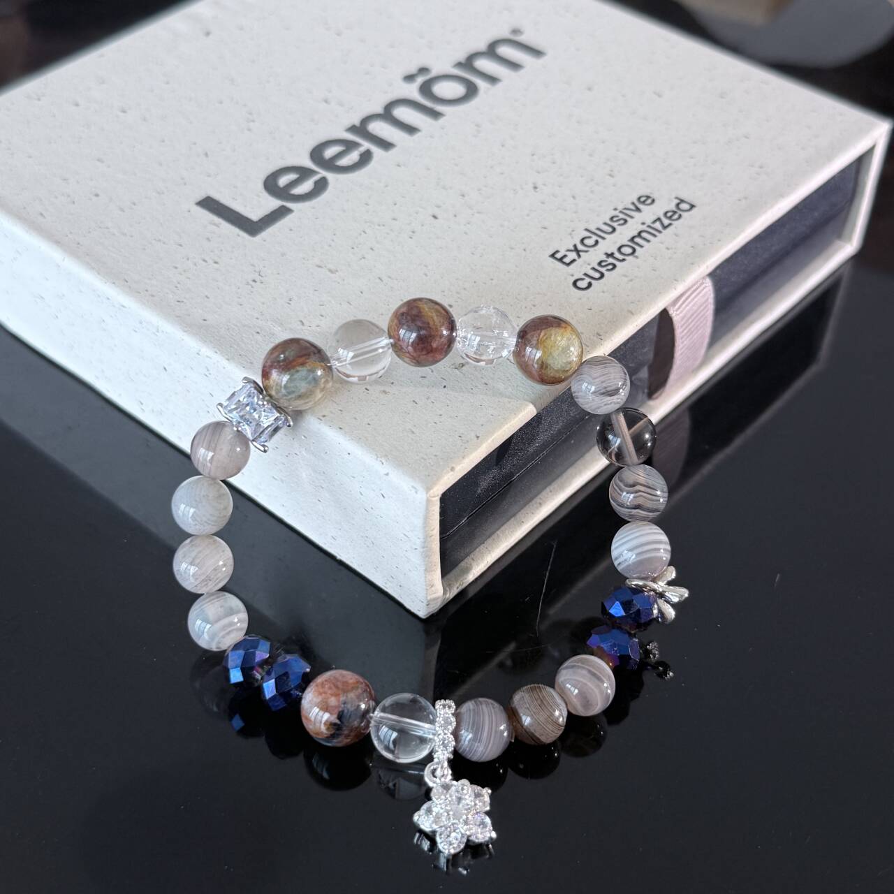 Handcrafted Bracelet featuring Colorful Agate and Clear Crystal — A Handmade Healing Gemstone Bracelet with a Flower Charm