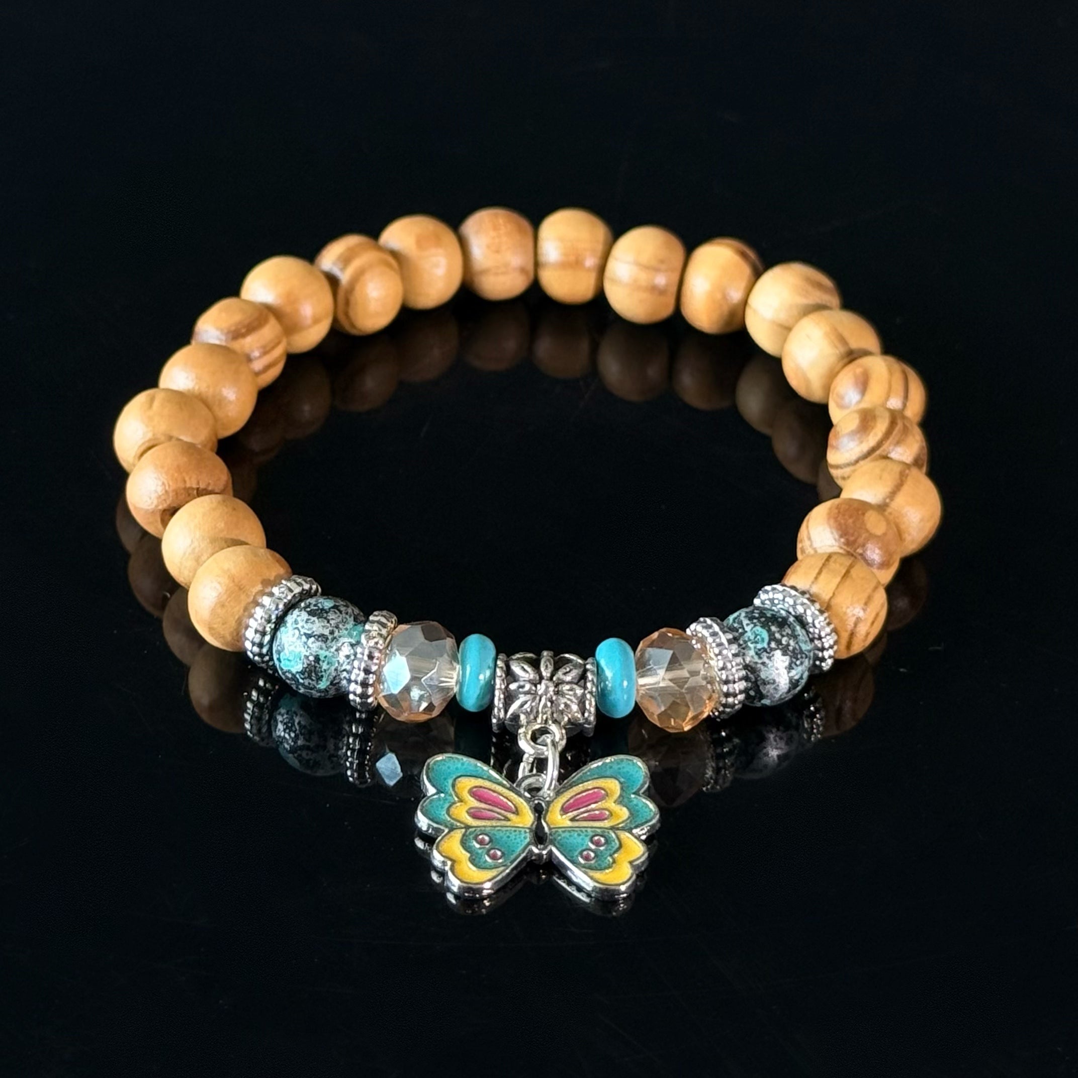 Gemini Zodiac Wooden Bead Bracelet with Butterfly Charm