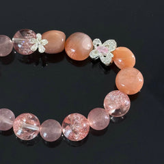 Pink Strawberry Quartz and Rose Crystal Bracelet – Handmade Gemstone Elastic Bracelet