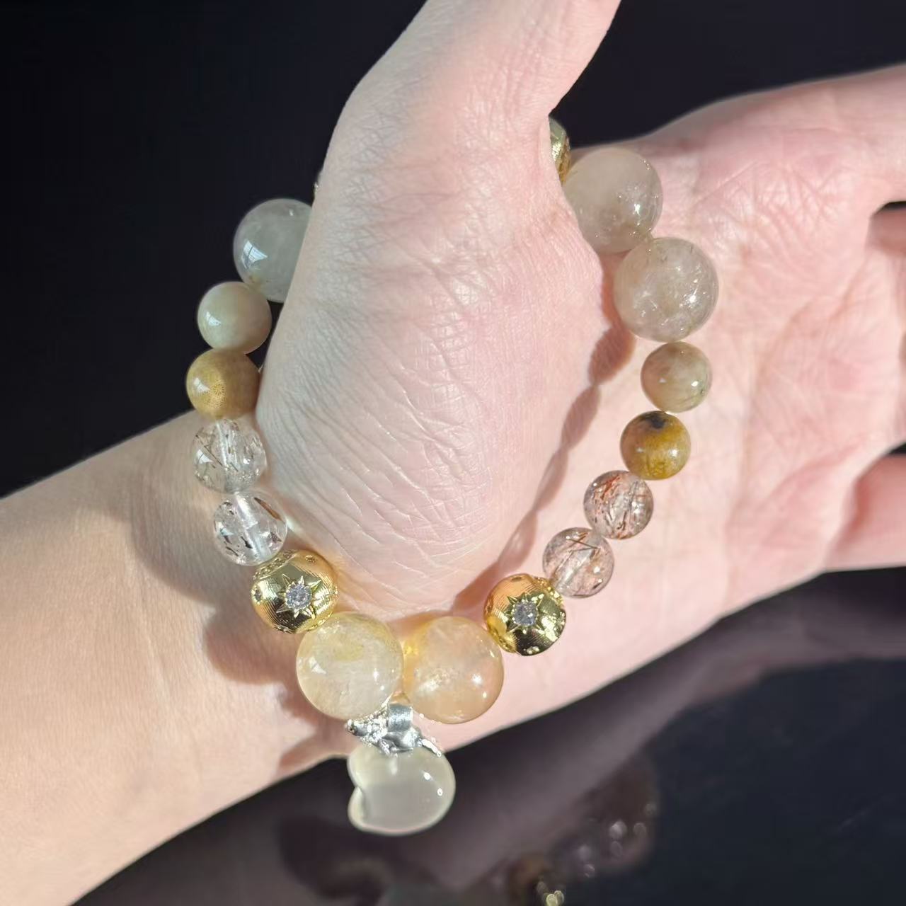 Crescent-shaped crystal bead bracelet | Natural golden rutilated quartz healing stone bracelet