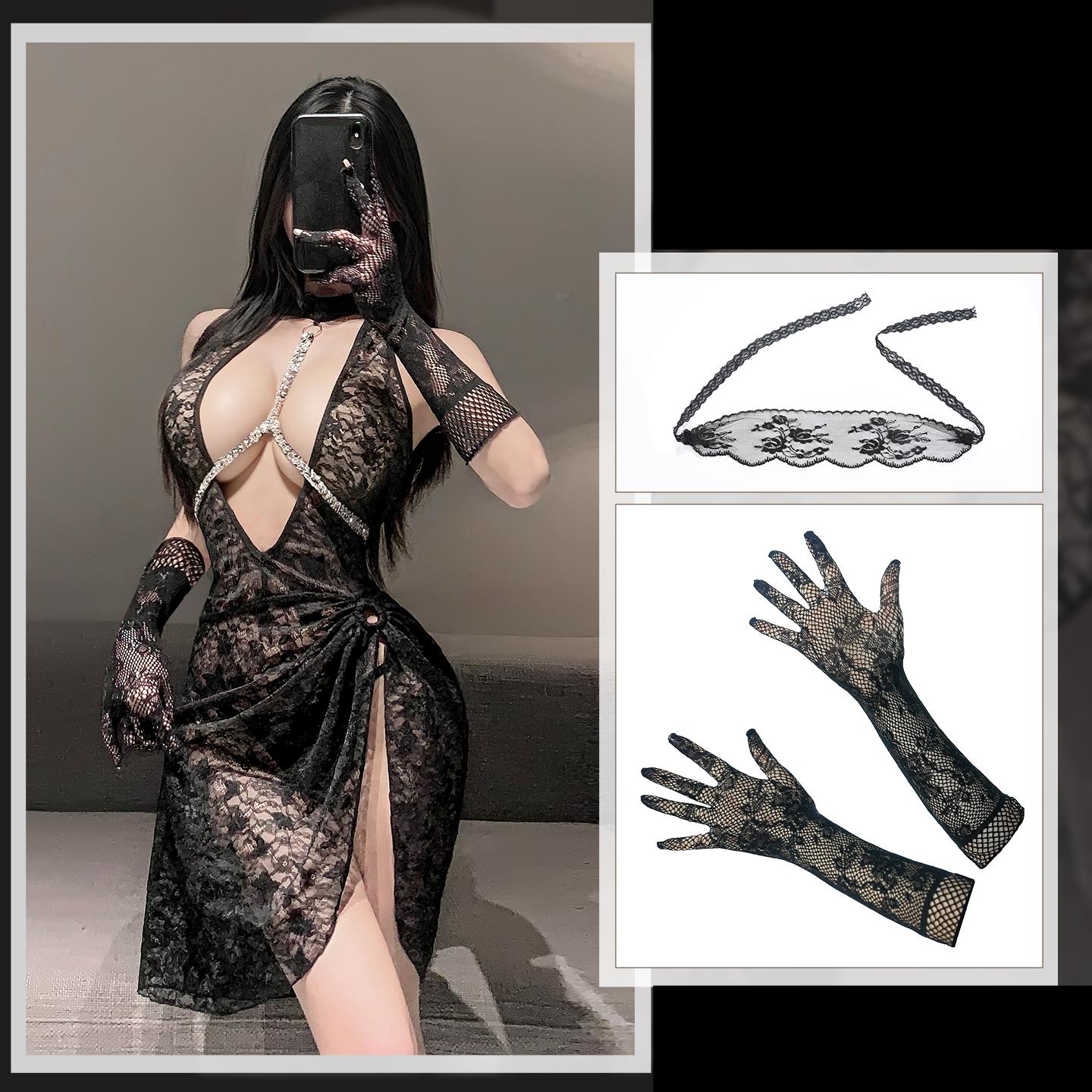 Flash Chain Breastpin Charming See-through Lace Dress