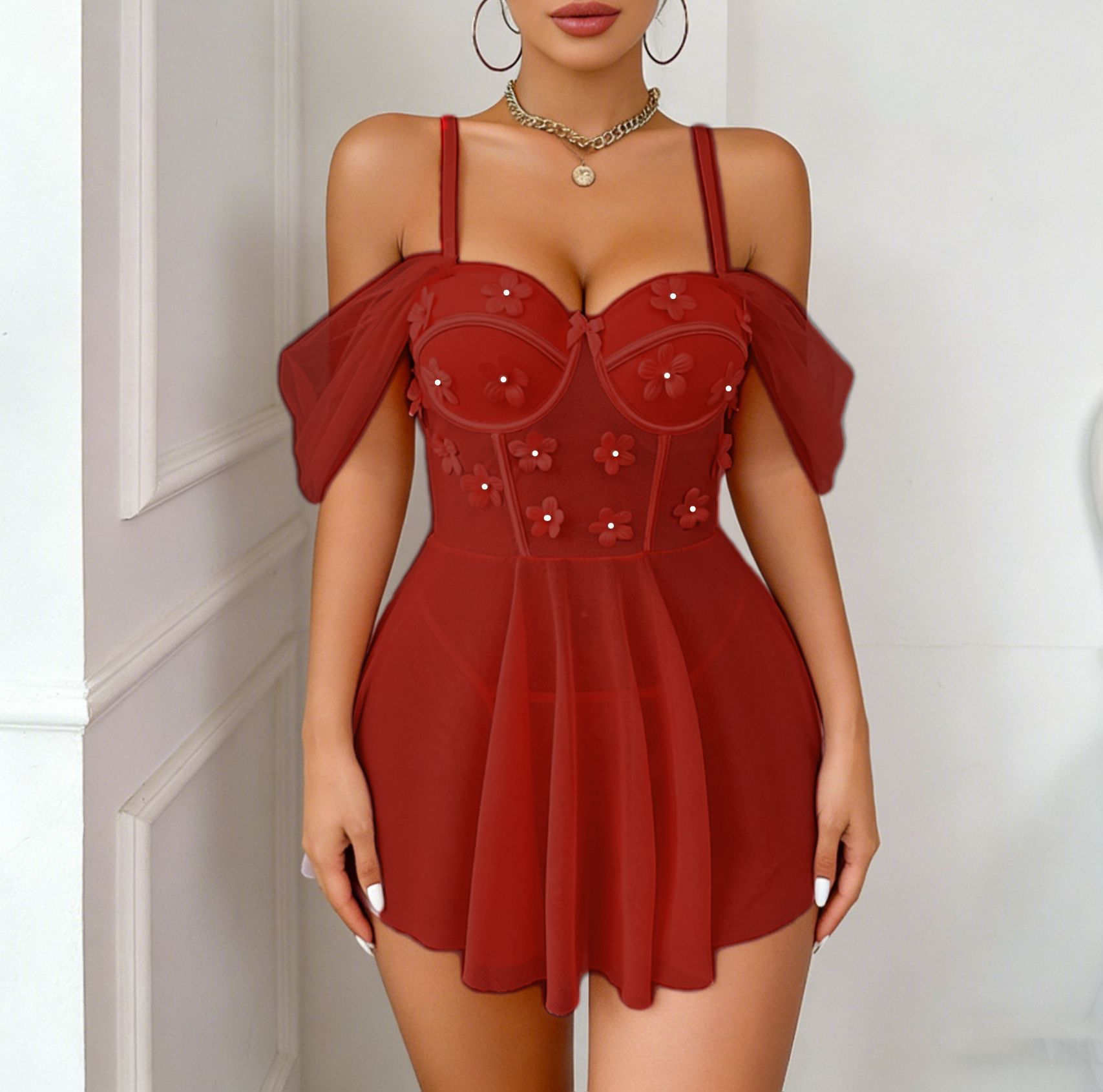 Embroidered Mesh Sleeve Sling Dress
