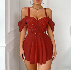 Embroidered Mesh Sleeve Sling Dress