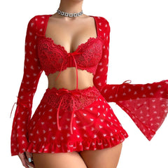 Red Love Heart Flowers Lace Bra Skirt T-Back Three-Piece Set