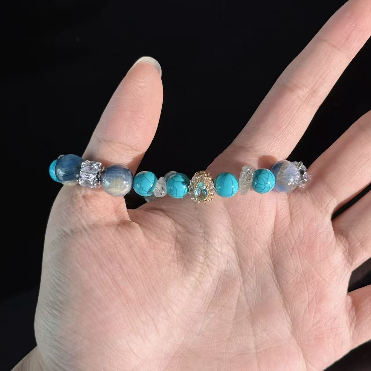 Turquoise, Kyanite, and Clear Quartz Bracelet — Handcrafted Healing Gemstone Bracelet