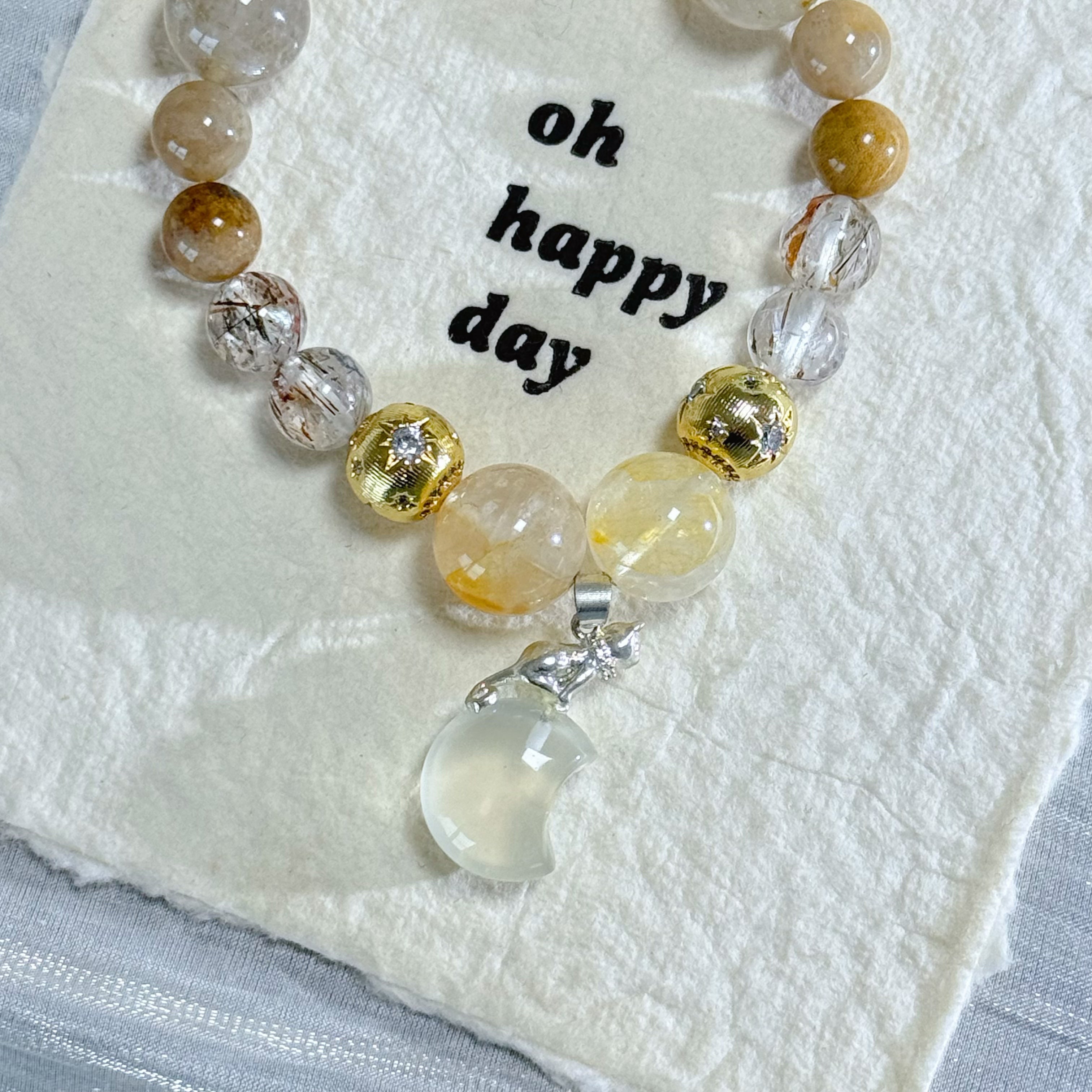 Crescent-shaped crystal bead bracelet | Natural golden rutilated quartz healing stone bracelet