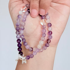 Amethyst & Clear Quartz Bracelet with Silver Cat Charm