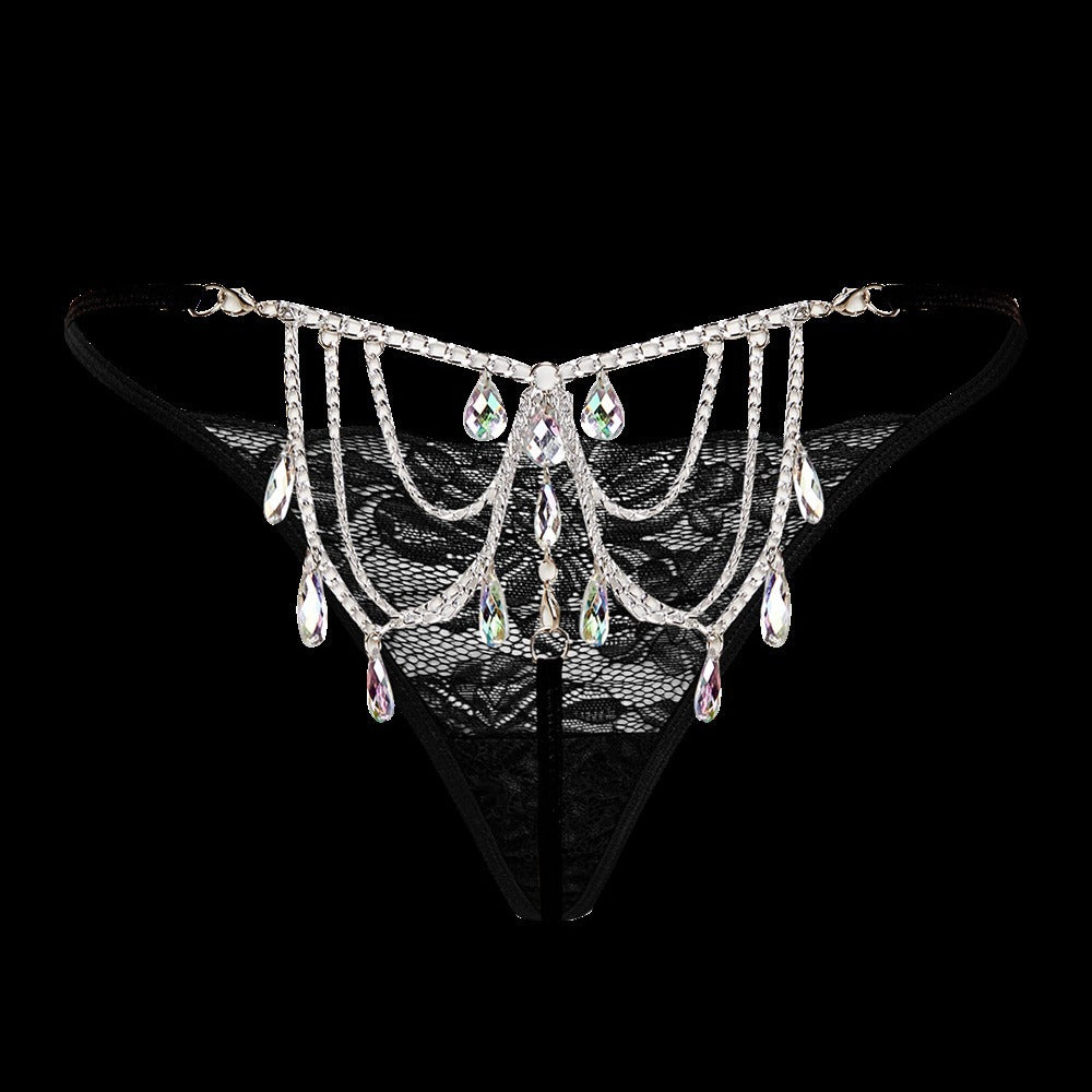 Thong Lace Water Drop Gem Embellished Breathable