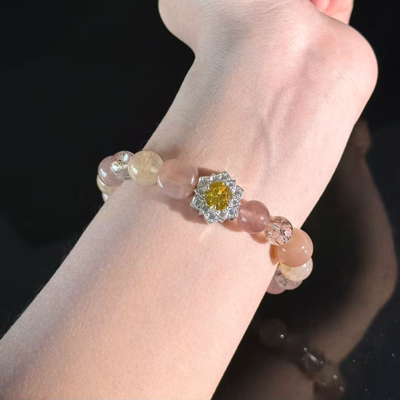 Sunstone, Rose Quartz Citrine Crystal Bracelet – Handmade Healing Beaded Bracelet with Floral Charm