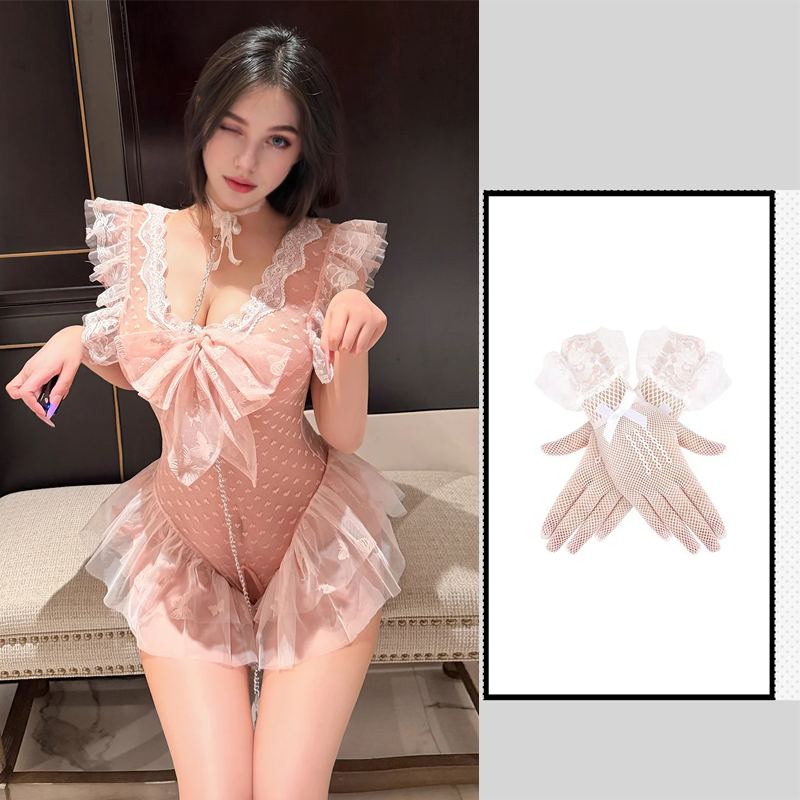 Hand Holding Rope Dot See-through Open Crotch Lingerie Set