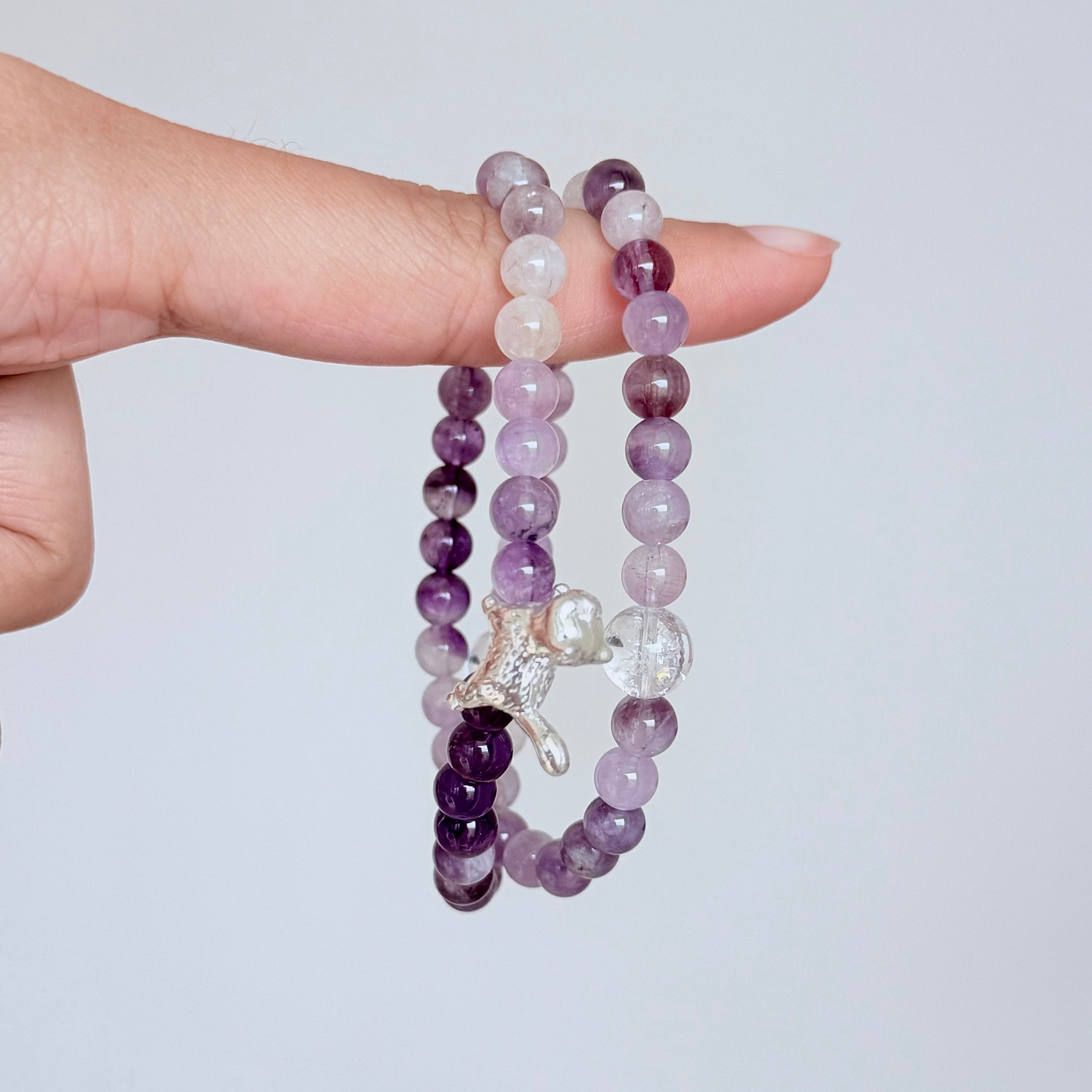 Amethyst & Clear Quartz Bracelet with Silver Cat Charm