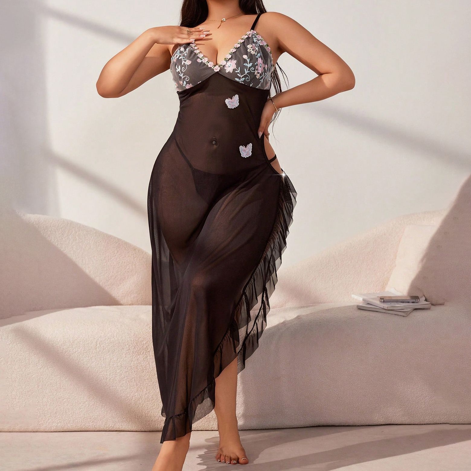 Large Size Split-slit Suspender Dress Semi-see-through Pajamas  Long Lace Dress Set