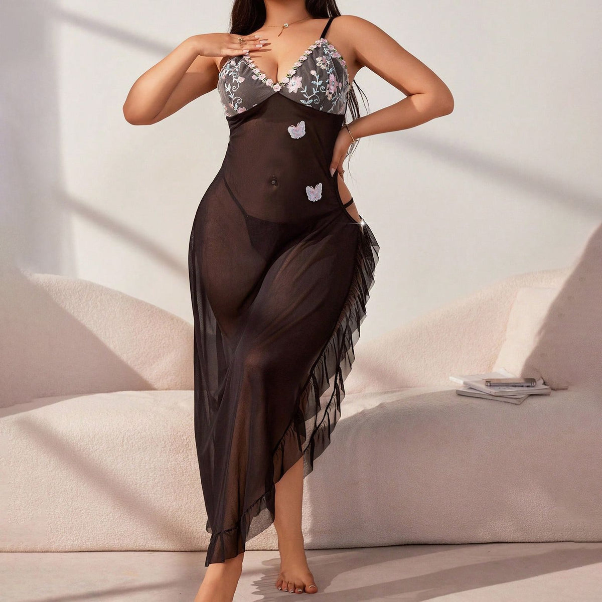 Large Size Split-slit Suspender Dress Semi-see-through Pajamas  Long Lace Dress Set