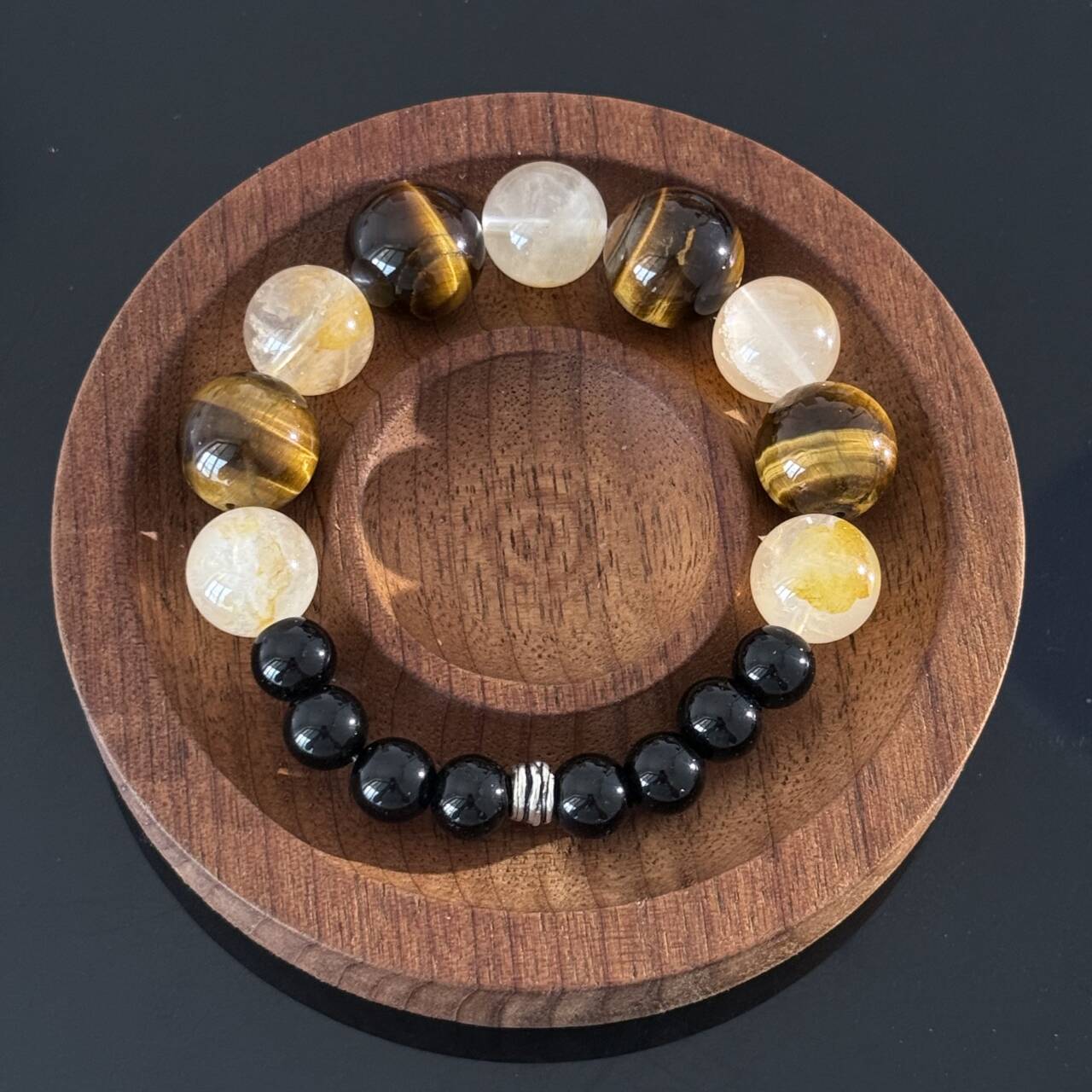 Handcrafted Tiger's Eye & Clear Quartz Beaded Bracelet — Black Agate Protective Energy Stretch Bracelet