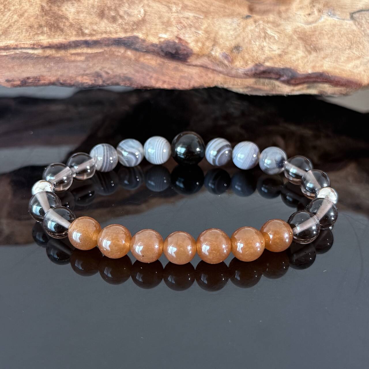 Sunstone, Black Agate & Clear Quartz Crystal Bracelet – Confidence, Protection & Energy Balance Gemstone Beaded Bracelet | Handmade Healing Jewelry