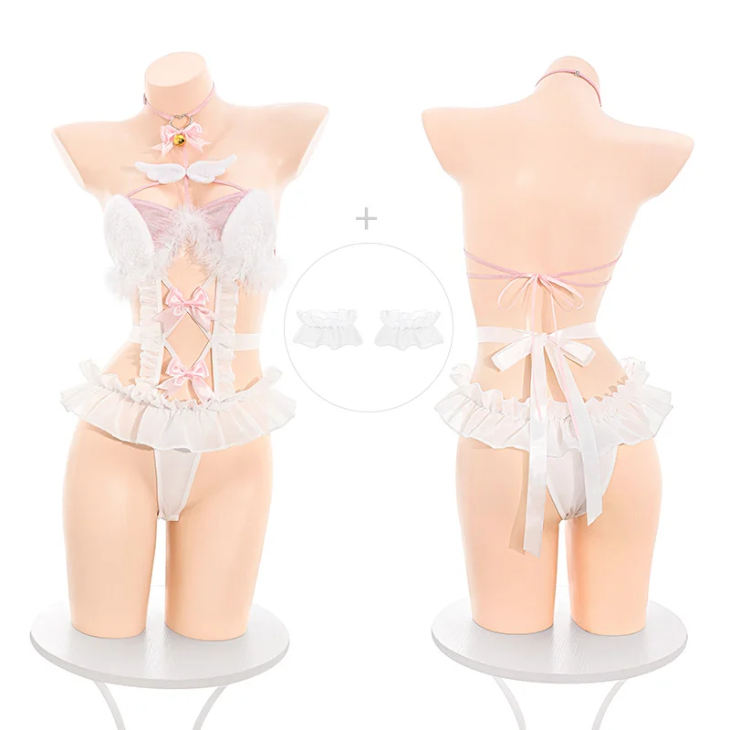 Angel Kitty Open Crotch Bodysuit Set