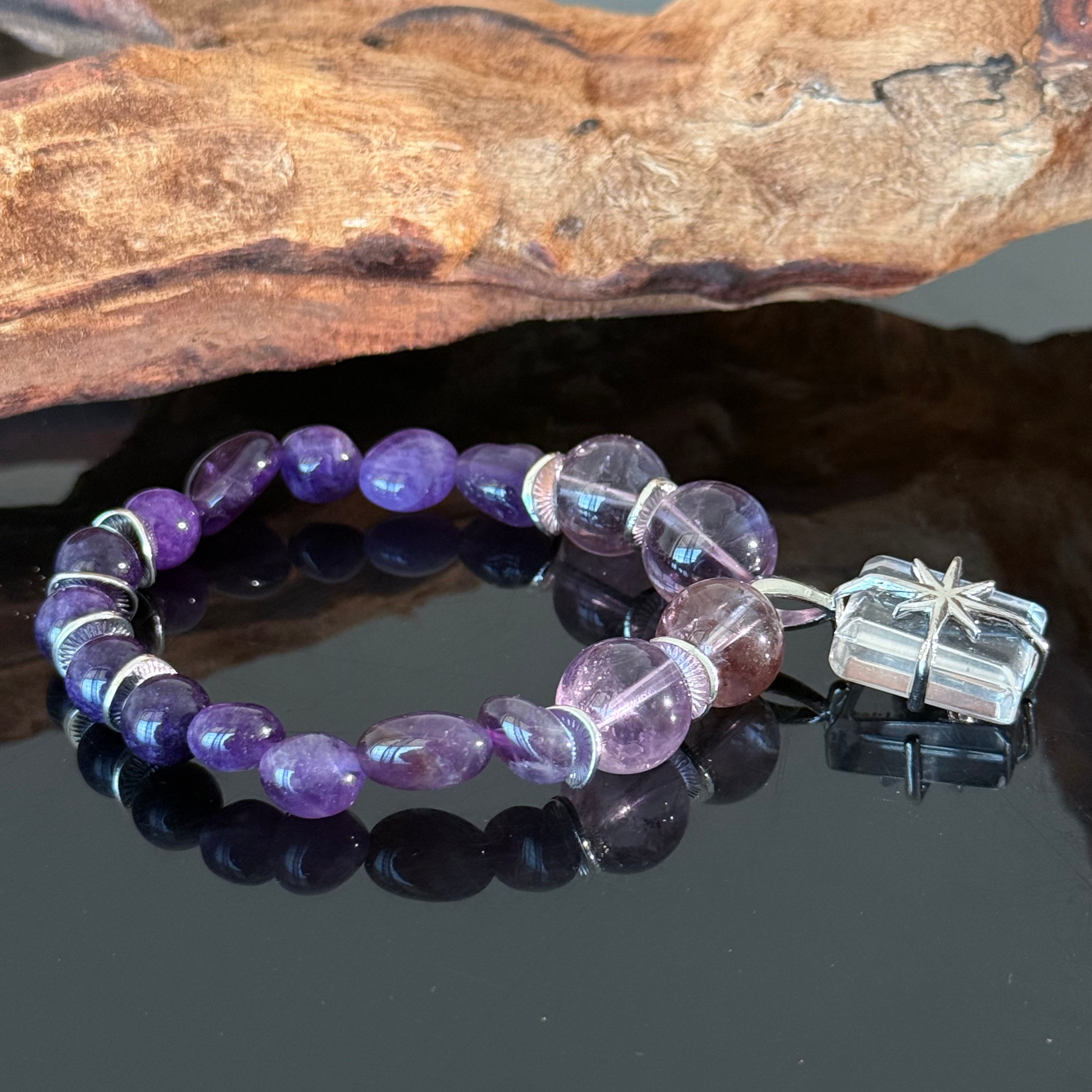 Amethyst Crystal Bracelet with Gift Box Charm – Handmade Purple Healing Energy Beaded Bracelet