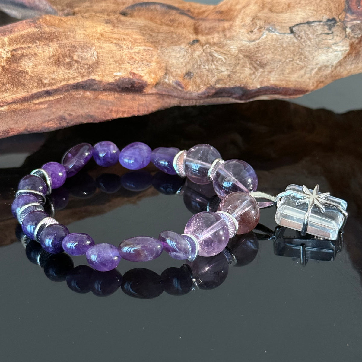 Amethyst Crystal Bracelet with Gift Box Charm – Handmade Purple Healing Energy Beaded Bracelet