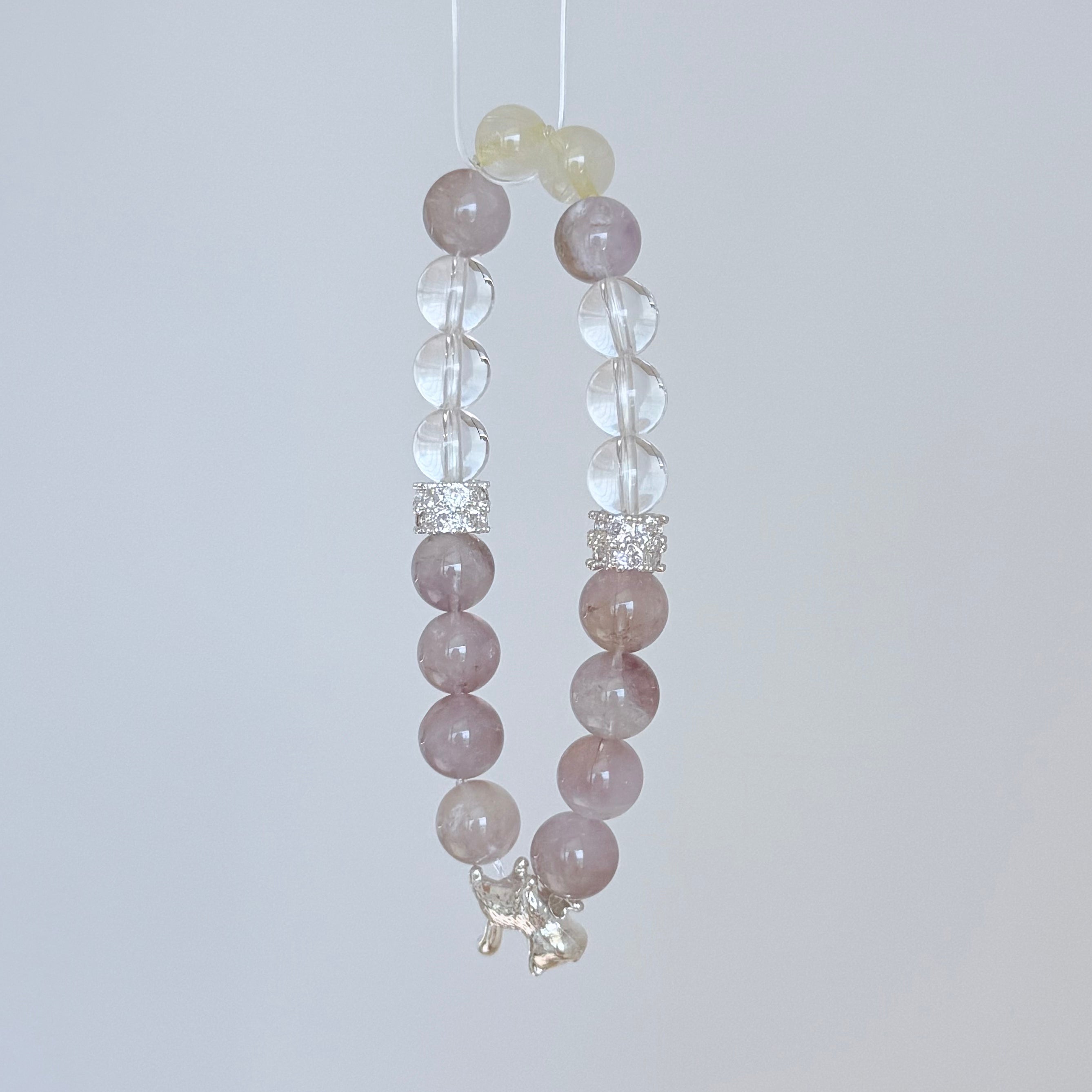 Lepidolite & Clear Quartz Bracelet with Silver Cat Charm