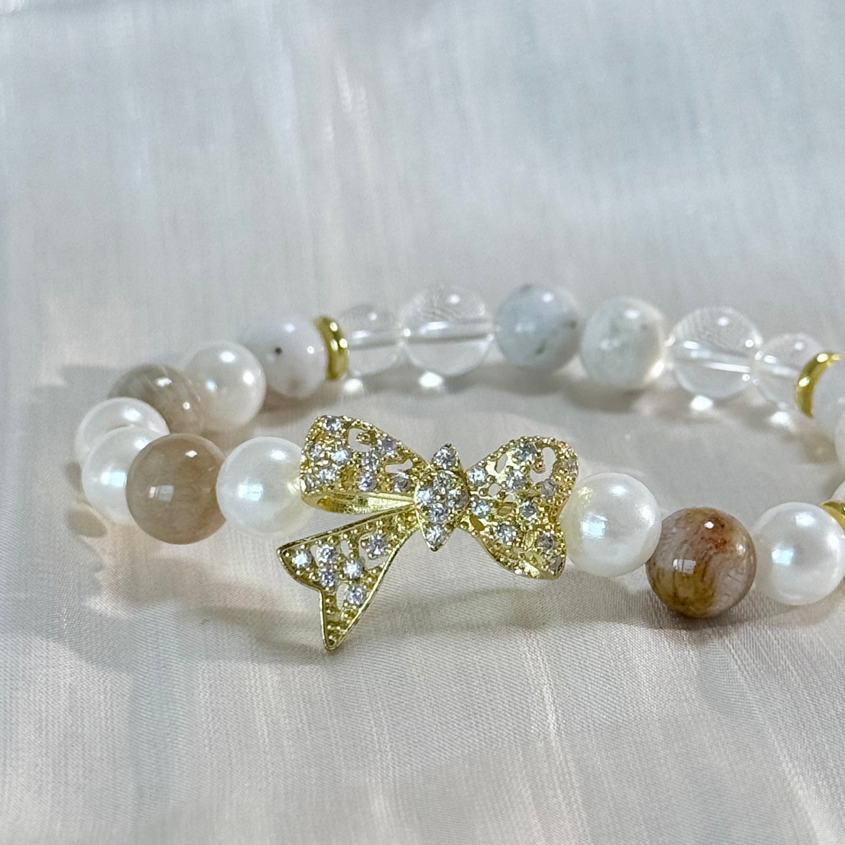 Moonlit Radiance Wristlet | White Crystal & Bowknot Bracelet — Dispelling Shadows, Bringing Smooth Sailing and Serenity