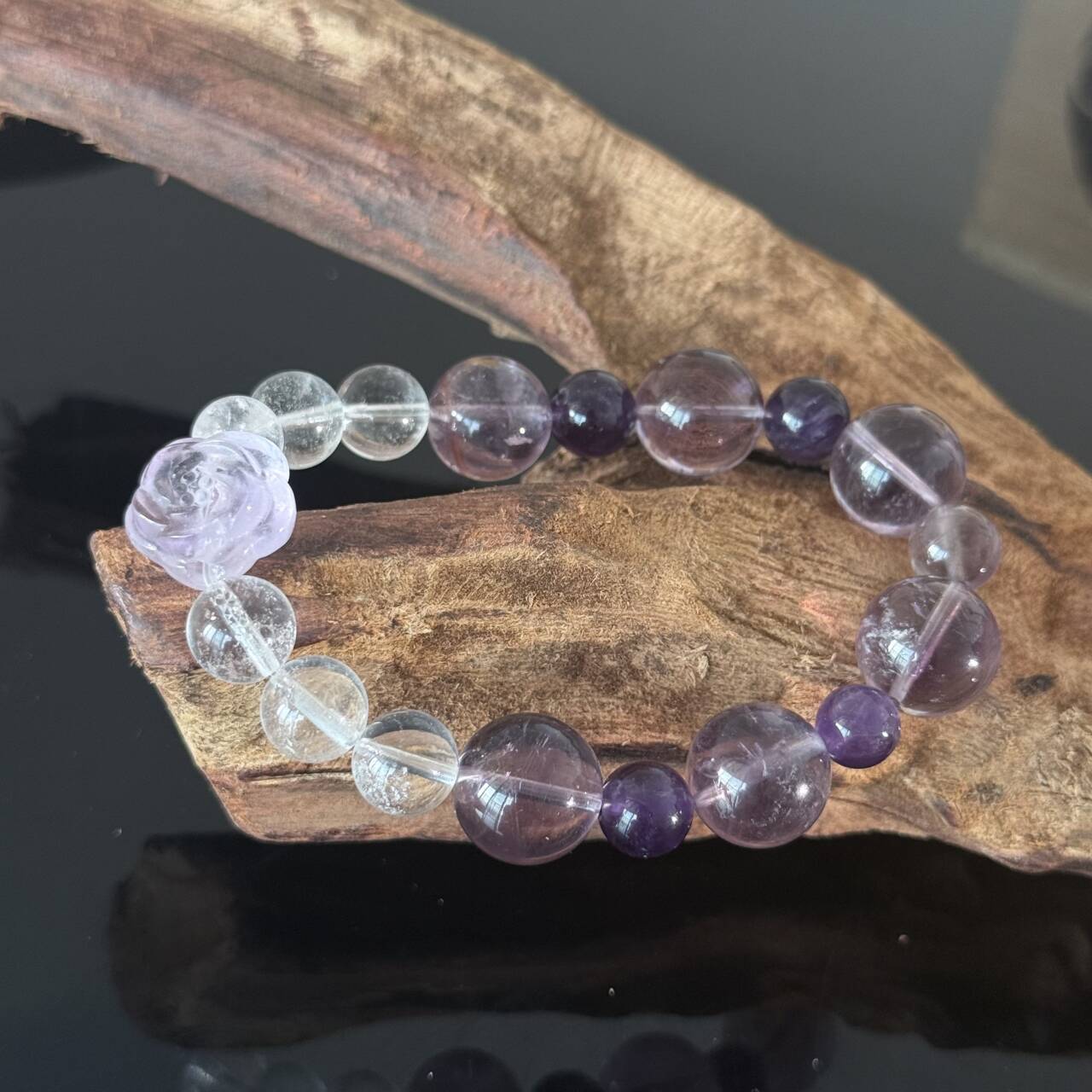 Handcrafted Amethyst & Clear Quartz Bracelet | Rose-Shaped Healing Gemstone Bracelet