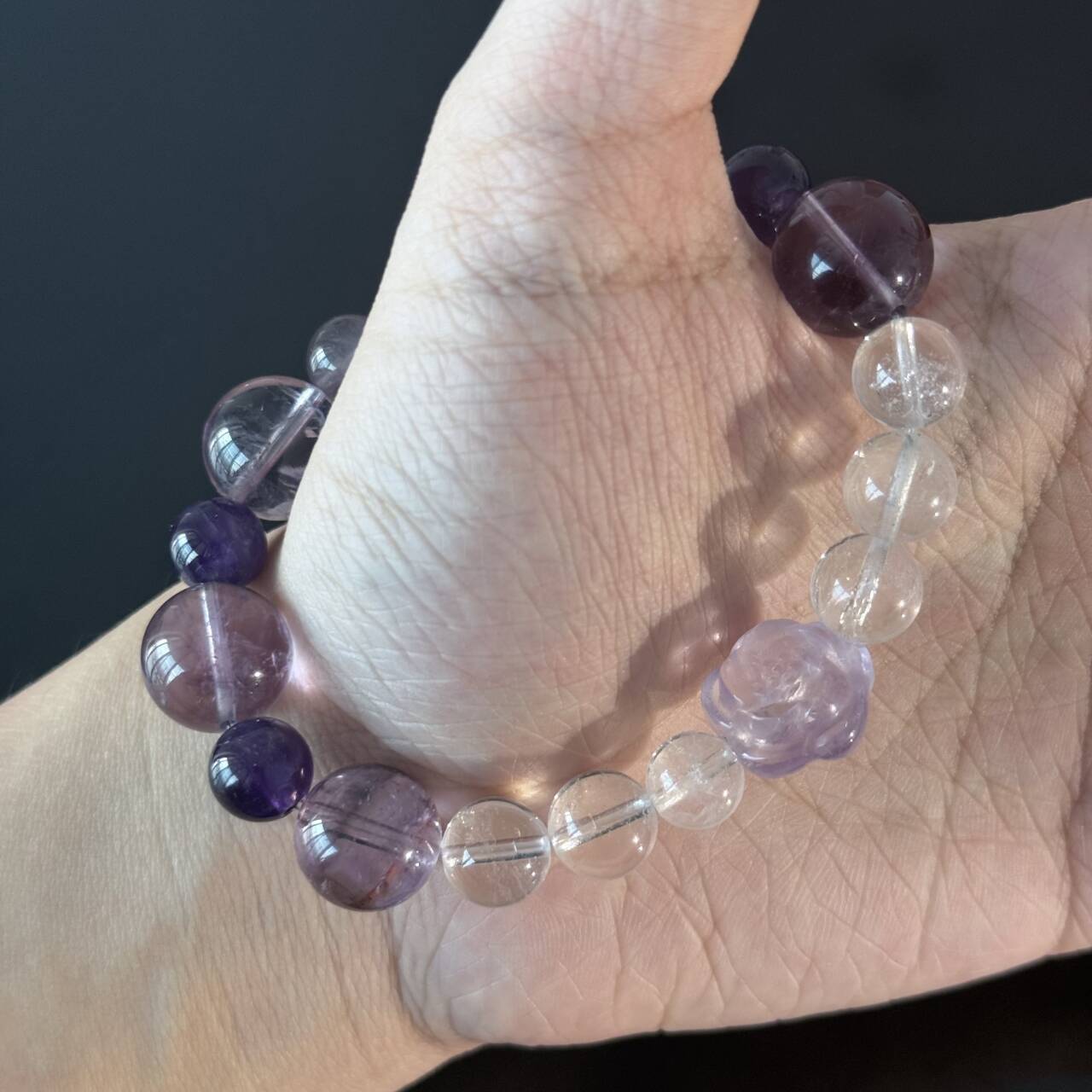 Handcrafted Amethyst & Clear Quartz Bracelet | Rose-Shaped Healing Gemstone Bracelet