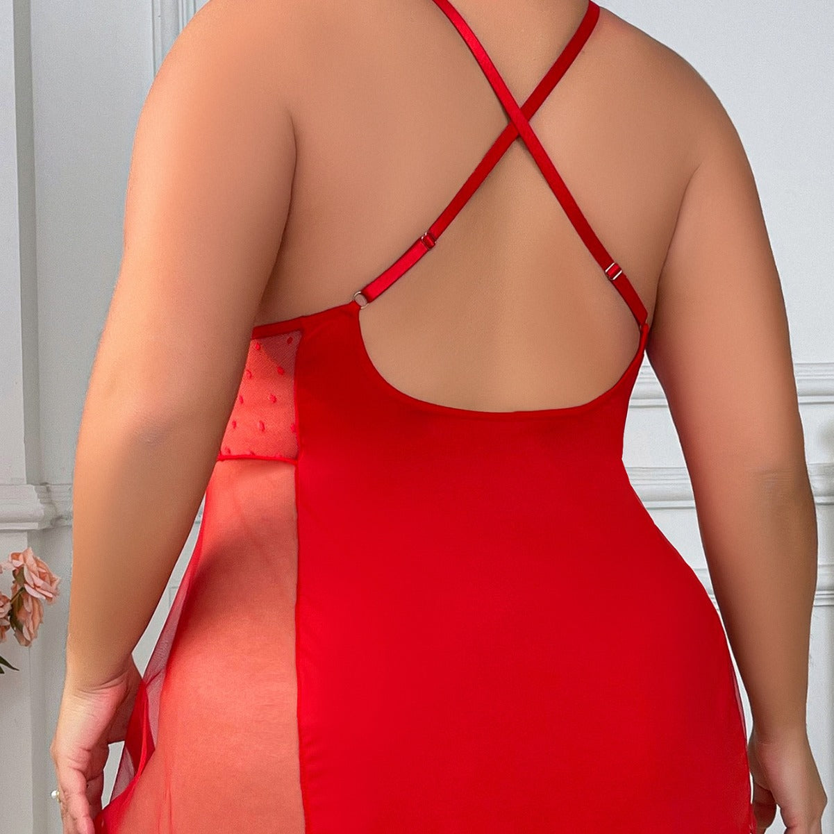 Plus-Size Lingerie Lace Mesh See-Through Sling Slit Sleepwear