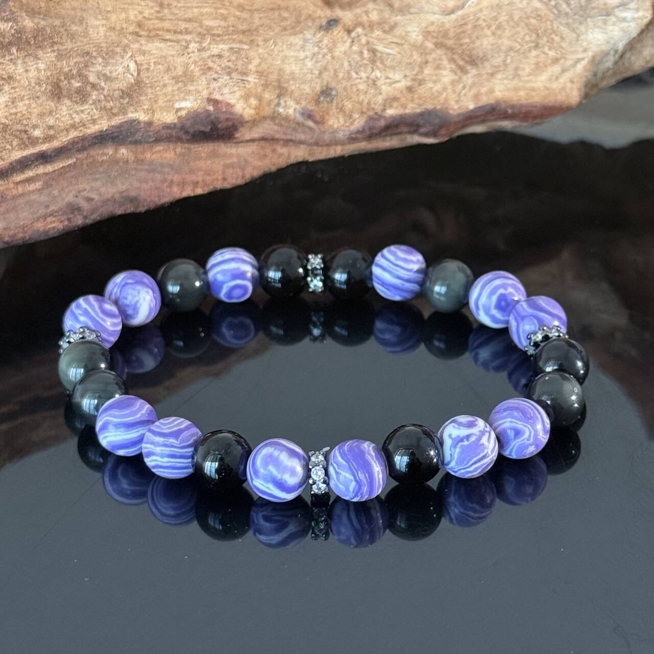 Natural Purple Agate & Obsidian Crystal Handmade Bracelet — Protective Energy Elastic Beaded Gemstone Bracelet