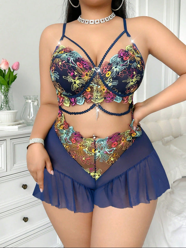 Plus Size Mesh Flower Color Embroidery Lingerie