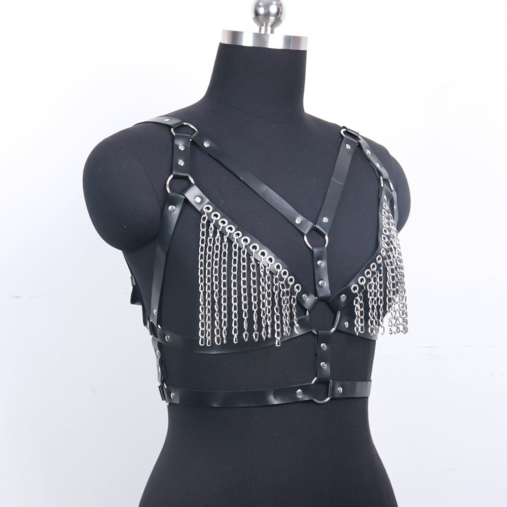 Seductive Leather Bondage Lingerie Set Tassel Body Chain G-String with Music Festival Style