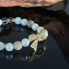 Moonstone & Clear Quartz Crystal Bracelet – Handmade White Gemstone Bracelet With Gold Bow Charm