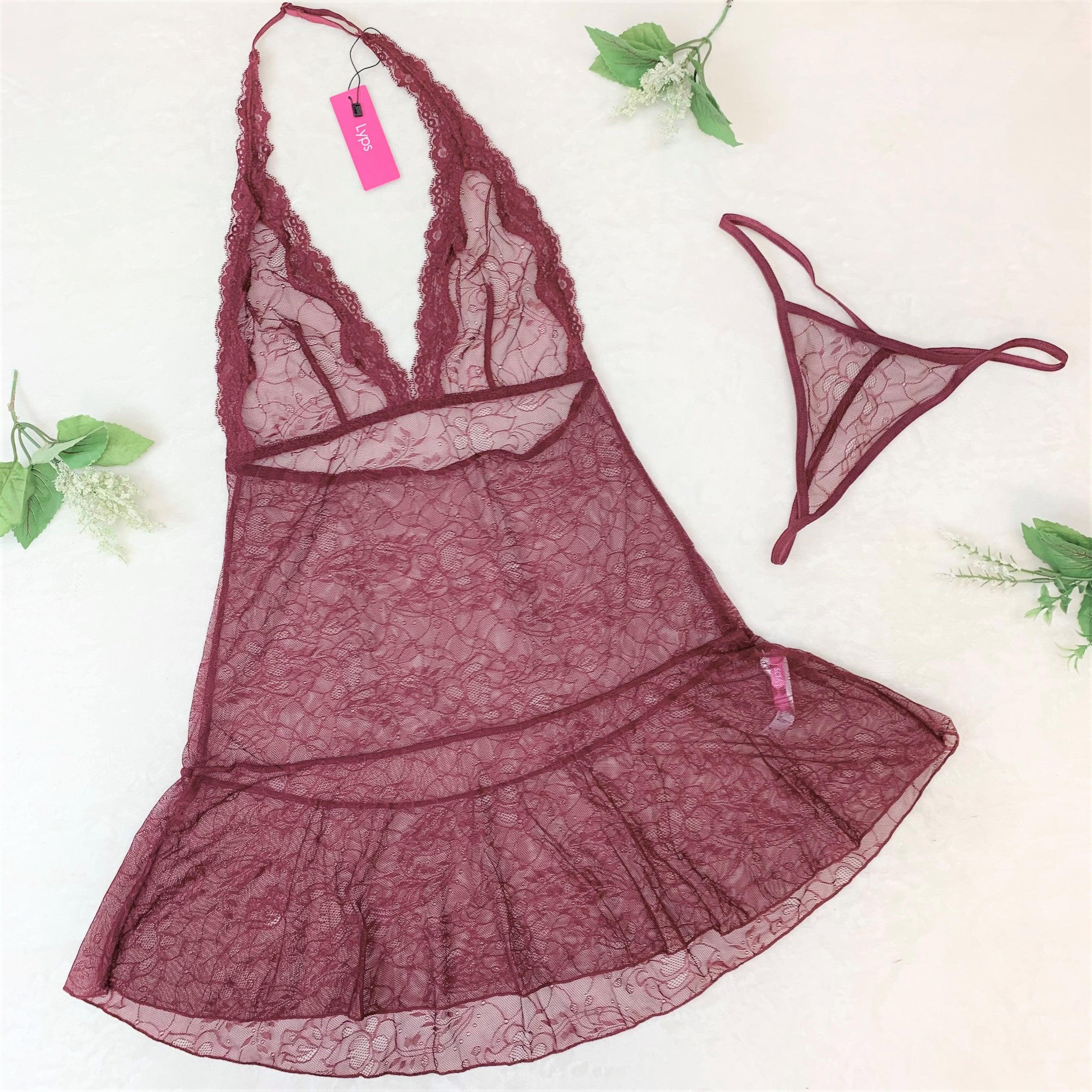 Lace Halter Chemise Lingerie Set - Merlot Elegance