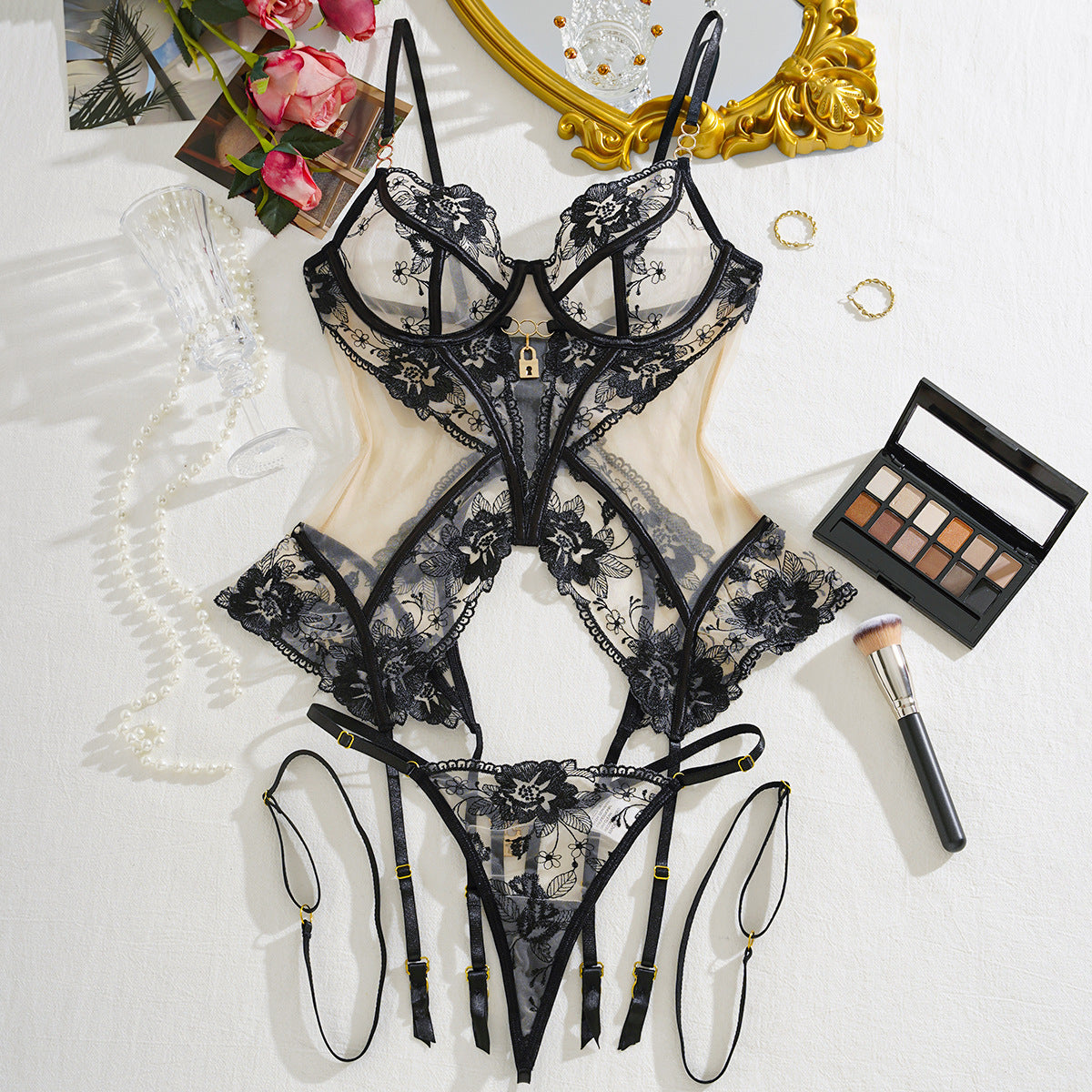 See-through Embroidery padlock charm Mesh Body Shaping Lingerie Set